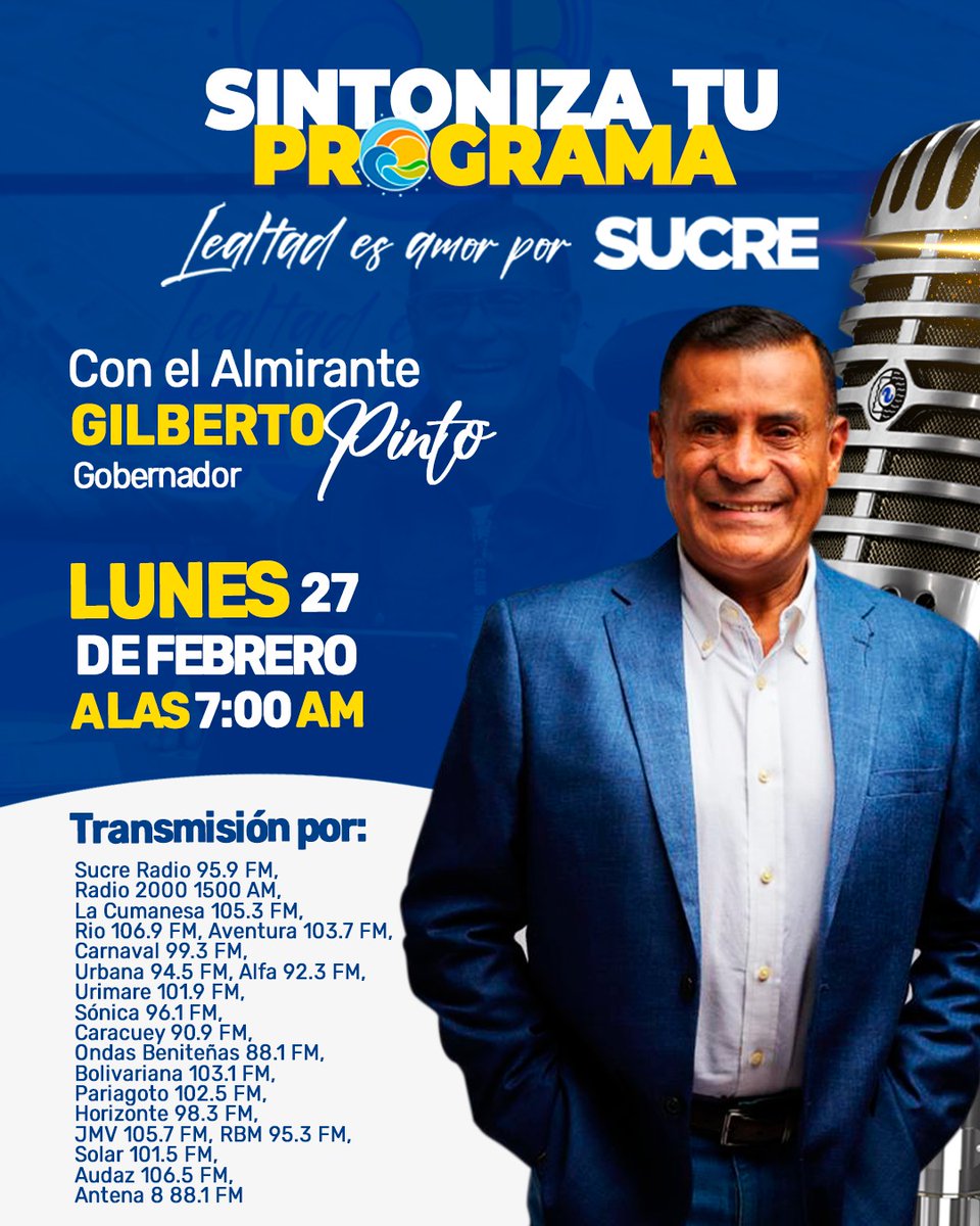 Mañana Lunes.! Tu programa Lealtad es Amor por Sucre. No sé vale preguntar conéctate 7 a.m..
<a href="/NicolasMaduro/">Nicolás Maduro</a>