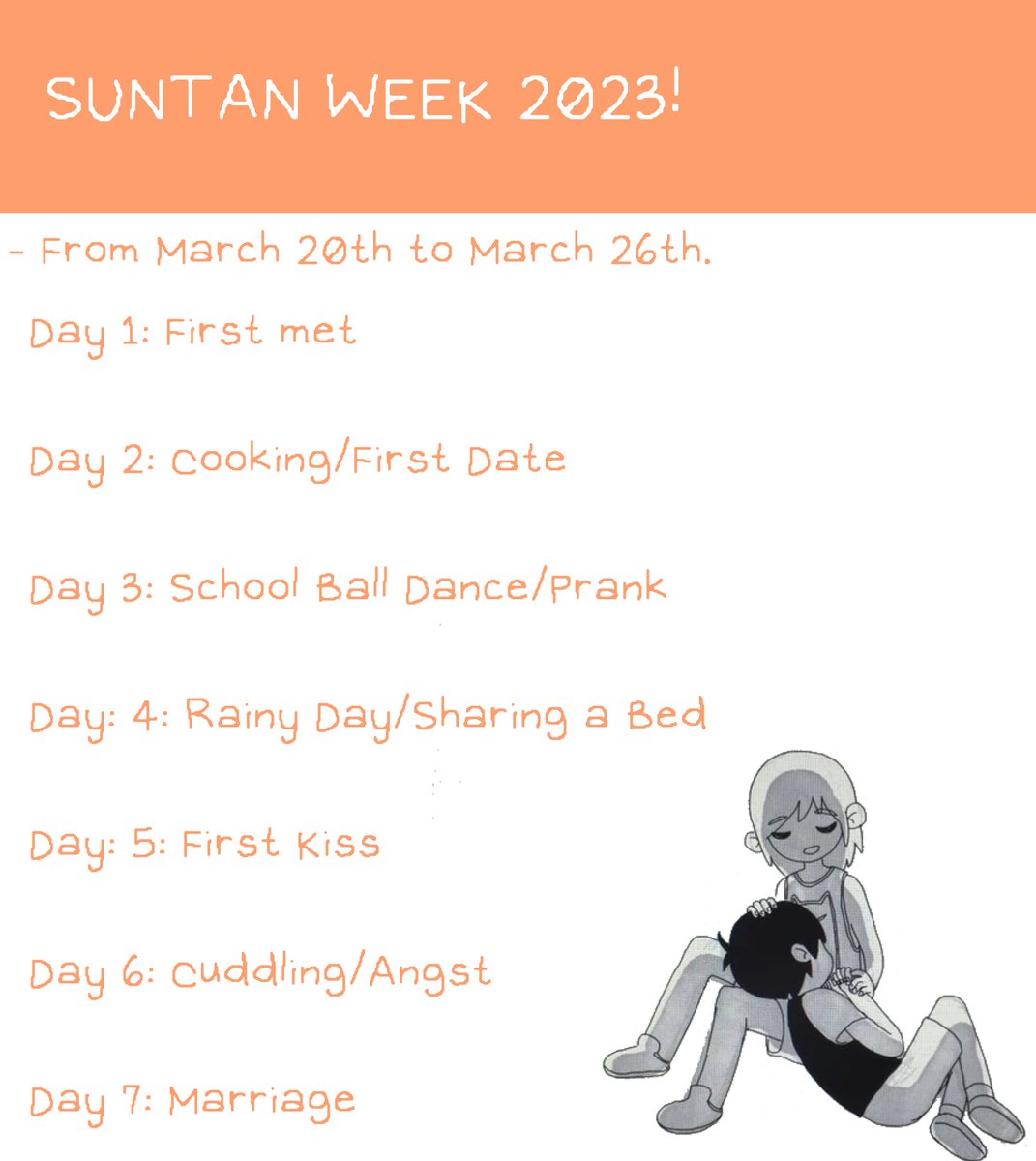 suntan_week's tweet photo. Howdy fellow Suntan shippers! It's finally here. The Suntan Week!!!

I'm glad to announce it's finally happening! This event will be held from March 20th until March 26th!

I'm excited to see how all the arts will turn out! See you all soon!

#omorisuntan #SuntanWeek2023 https://t.co/mEgyA4K3ZJ