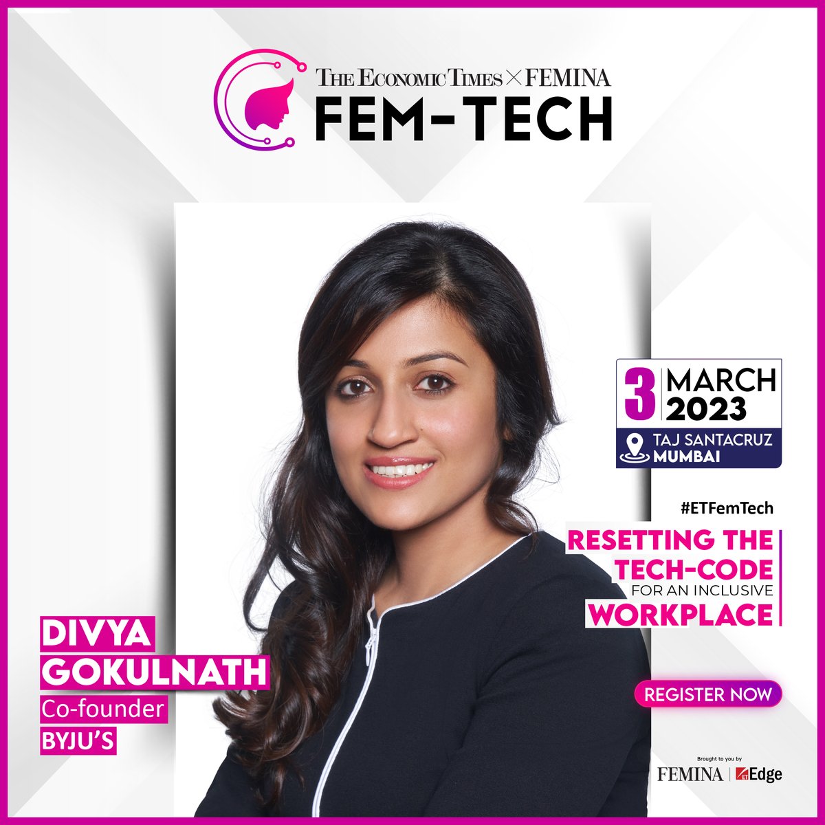 ET_Edge's tweet photo. #ETFemTech | Divya Gokulnath – Co-Founder – @BYJUS, will be speaking at the 3rd Edition of The Economic Times x Femina FemTech Summit in a Fireside Chat- 'Leaders Talk: Scaling businesses with Technology.'
Date: 3rd March 2023
Venue: Taj Santacruz, Mumbai https://t.co/G5dslCjfGK