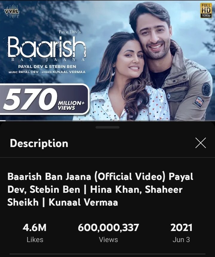 Congratulations to @Shaheer_S @eyehinakhan #Stebinben #Payaldev @VYRLOriginals
For record-breaking 600 million views for masterpiece #BaarishBanJaana . 🎉🎉

#ShaheerSheikh #HinaKhan 
#Shahina