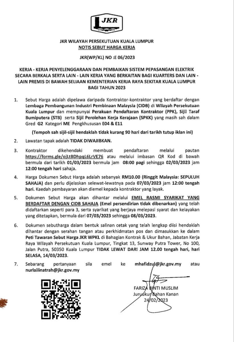 NOTIS SEBUTHARGA KERJA
JK(WP/KL) NO :E 06/2023
KERJA -KERJA PENYELENGGARAAN DAN PEMBAIKAN SISTEM PEPASANGAN ELEKTRIK SECARA BERKALA SERTA LAIN - LAIN KERJA YANG BERKAITAN BAGI KUARTERS DAN LAIN - LAIN PREMIS DI BAWAH SELIAAN KEMENTERIAN KERJA RAYA SEKITAR KUALA LUMPUR 2023
