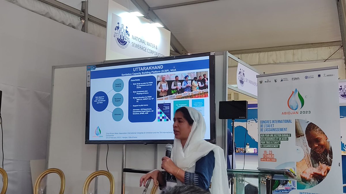 NIUA_India's tweet image. @NIUA_India at 21st #AfWA Congress &amp;amp; Exhibtn &amp;amp; 7th Intl #FSM Conf in Cote d’Ivoire 
#SCBP's @mahreen_matto presented 'Forum: #Inclusive &amp;amp; #Resilient Water &amp;amp; Sanitation in #HillCities of the #Himalayanrange'. Emphasis: #water #sanitation &amp;amp; people &amp;amp; linkage with #climatechange 1/3