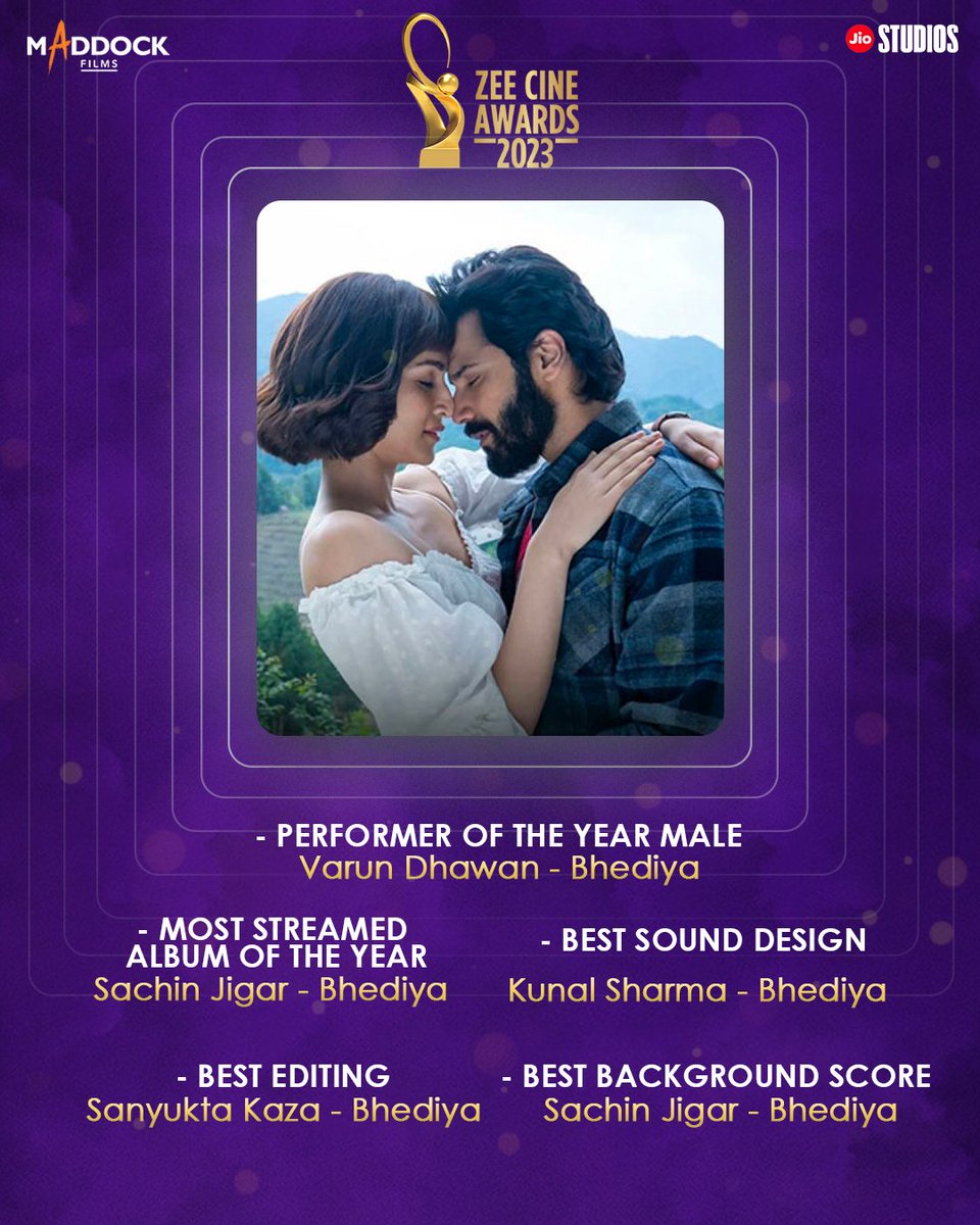 #Bhediya wins big! Sweeping the night with 5 awards at Zee Cine Awards 2023! @Varun_dvn @SachinJigarLive #KunalSharma #SanyuktaKaza @amarkaushik #DineshVijan @zeecineawards @ZeeMusicCompany #JioStudios #ZeeCineAwards2023 @MaddockFilms