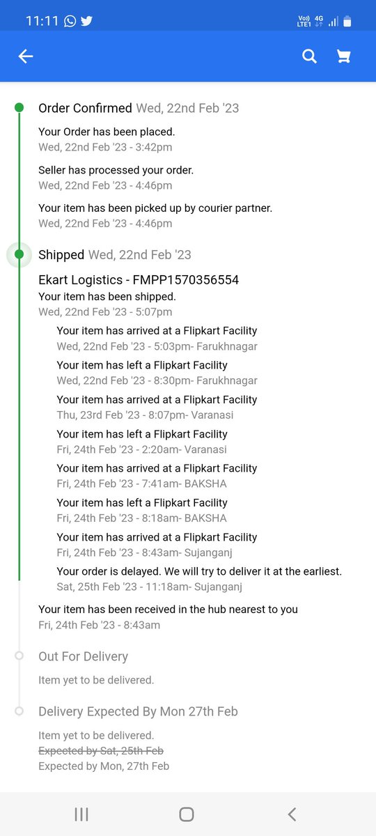 ashusharma0146's tweet photo. Dear @Flipkart My Order is arrived my nearest hub (1 km to my home) on 23Rd Feb and still not reach to my home..Your customer executives are not reply properly..What a pathetic service to u have.. https://t.co/d1q2VgwsZu