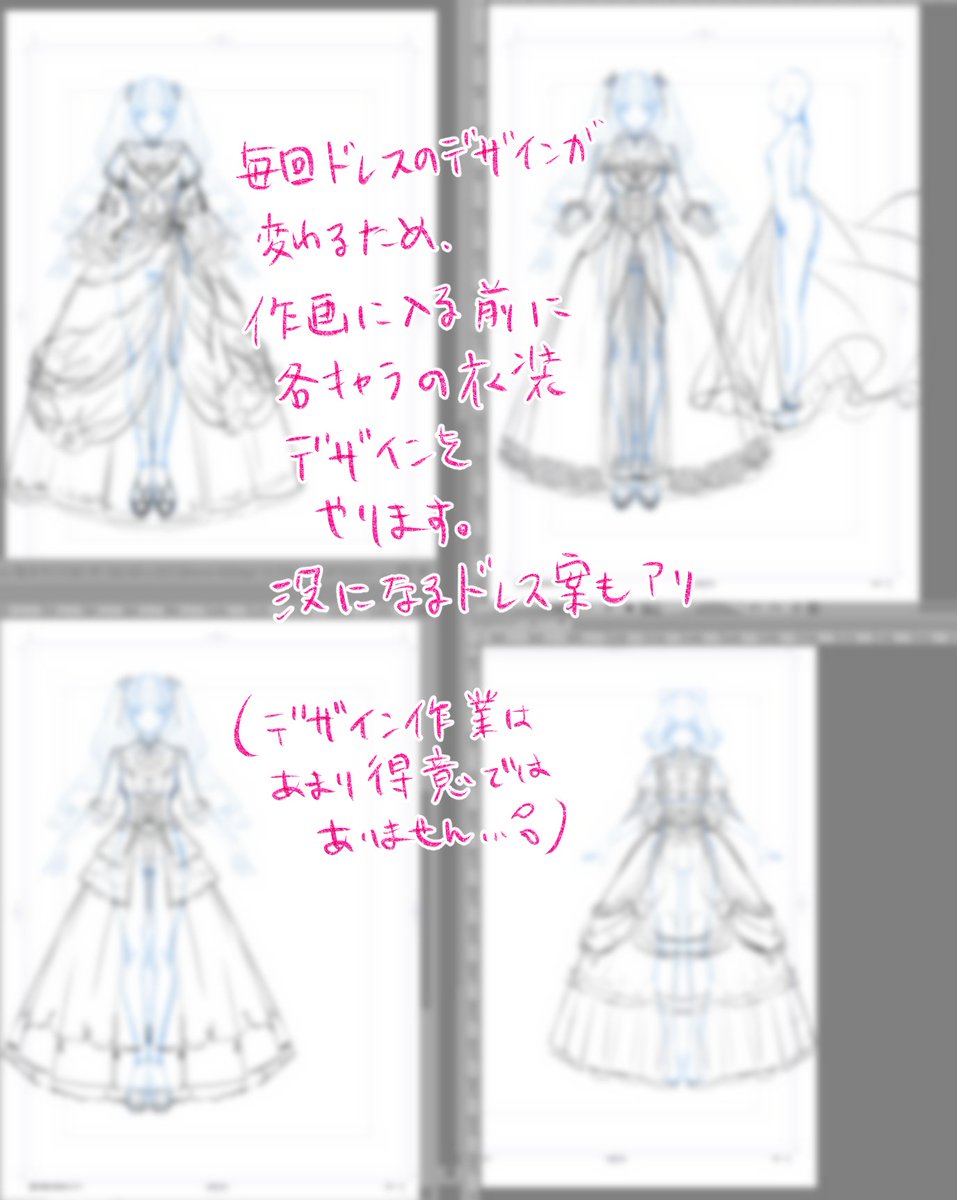 その後下書きに入る前には衣装デザイン画を作成します。
そして下書き(30Pだと5日間くらい)
ペン入れ(30ページだと1週間くらい)
最後にトーン仕上げ作業(仕上げのアシスタントさんはいないので、一人で黙々と2日くらい)
背景には3Dも使用していますが、配置は自分でやってるので1日がかりです。 