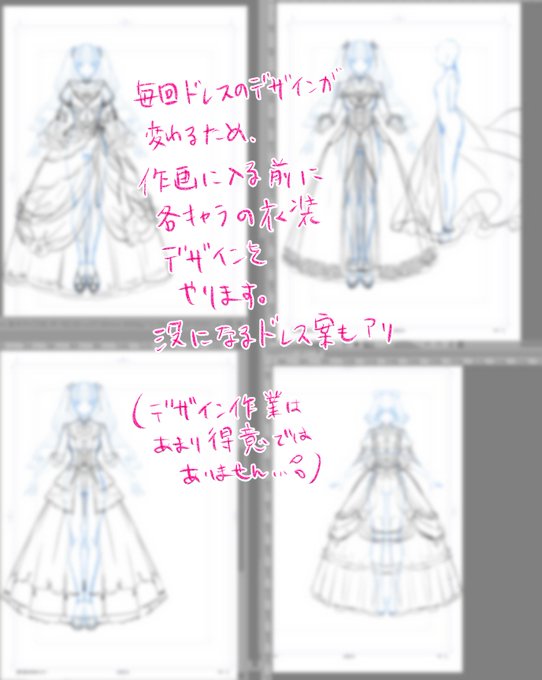 その後下書きに入る前には衣装デザイン画を作成します。
そして下書き(30Pだと5日間くらい)
ペン入れ(30ページだと1週間くらい)
最後にトーン仕上げ作業(仕上げのアシスタントさんはいないので、一人で黙々と2日くらい)
背景には3Dも使用していますが、配置は自分でやってるので1日がかりです。 