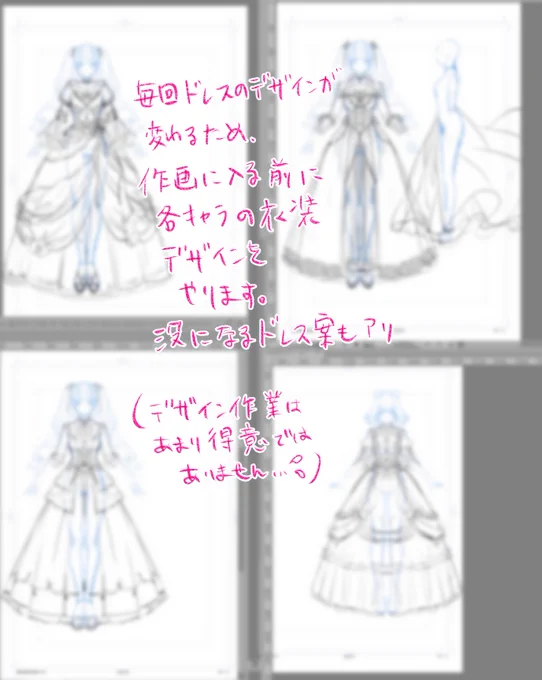 その後下書きに入る前には衣装デザイン画を作成します。
そして下書き(30Pだと5日間くらい)
ペン入れ(30ページだと1週間くらい)
最後にトーン仕上げ作業(仕上げのアシスタントさんはいないので、一人で黙々と2日くらい)
背景には3Dも使用していますが、配置は自分でやってるので1日がかりです。 