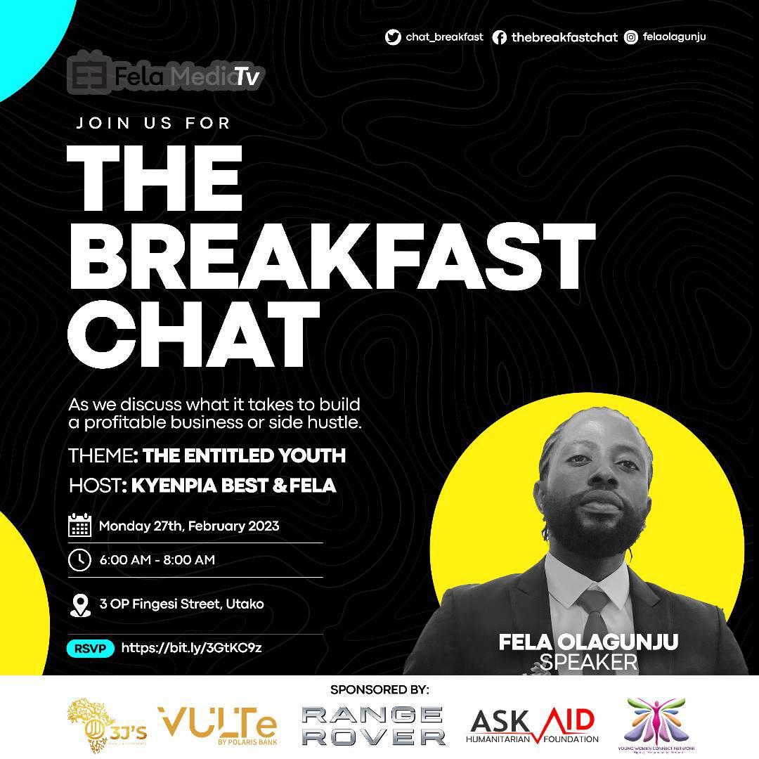 chat_breakfast's tweet photo. Every 6am at the 6am Arena with Fela Olagunju. 

There isn't a better time to discuss "The entitled Youth" than now. https://t.co/NUirPIdyNw