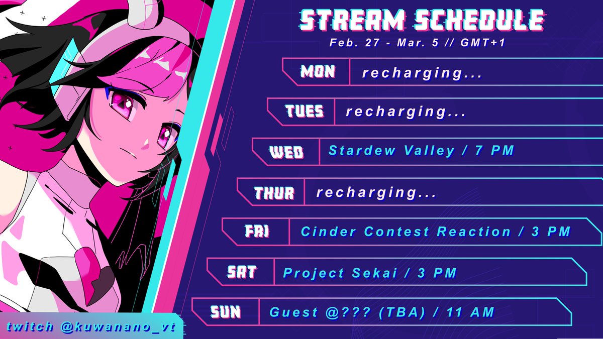kuwanano_vt's tweet photo. 【SCHEDULE loading...】
Let's have a productive week everyone!! The Cinder Cover Contest REACTION Stream is on Friday~ Make sure to be there to be able to vote for a crowd's favorite!!
And Sunday is-- huh? what is that? 🤔
#Vtubers #ENVtuber #BugLive 🪲💜 https://t.co/p0KV1j3Amx