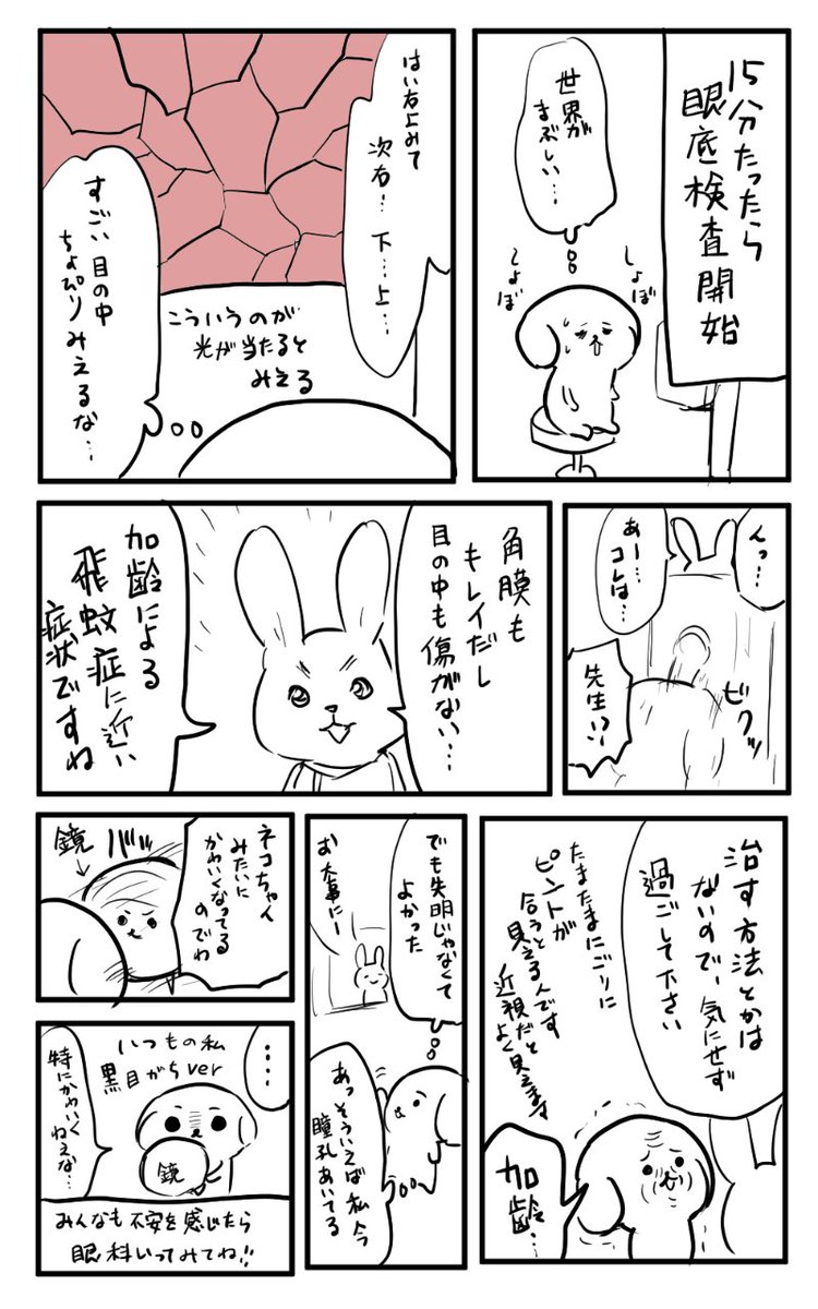 目の前にゴミのようなものがよく見えるようになったので、眼科に行った漫画。視力が1.5から0.9になっててへこんだ。 