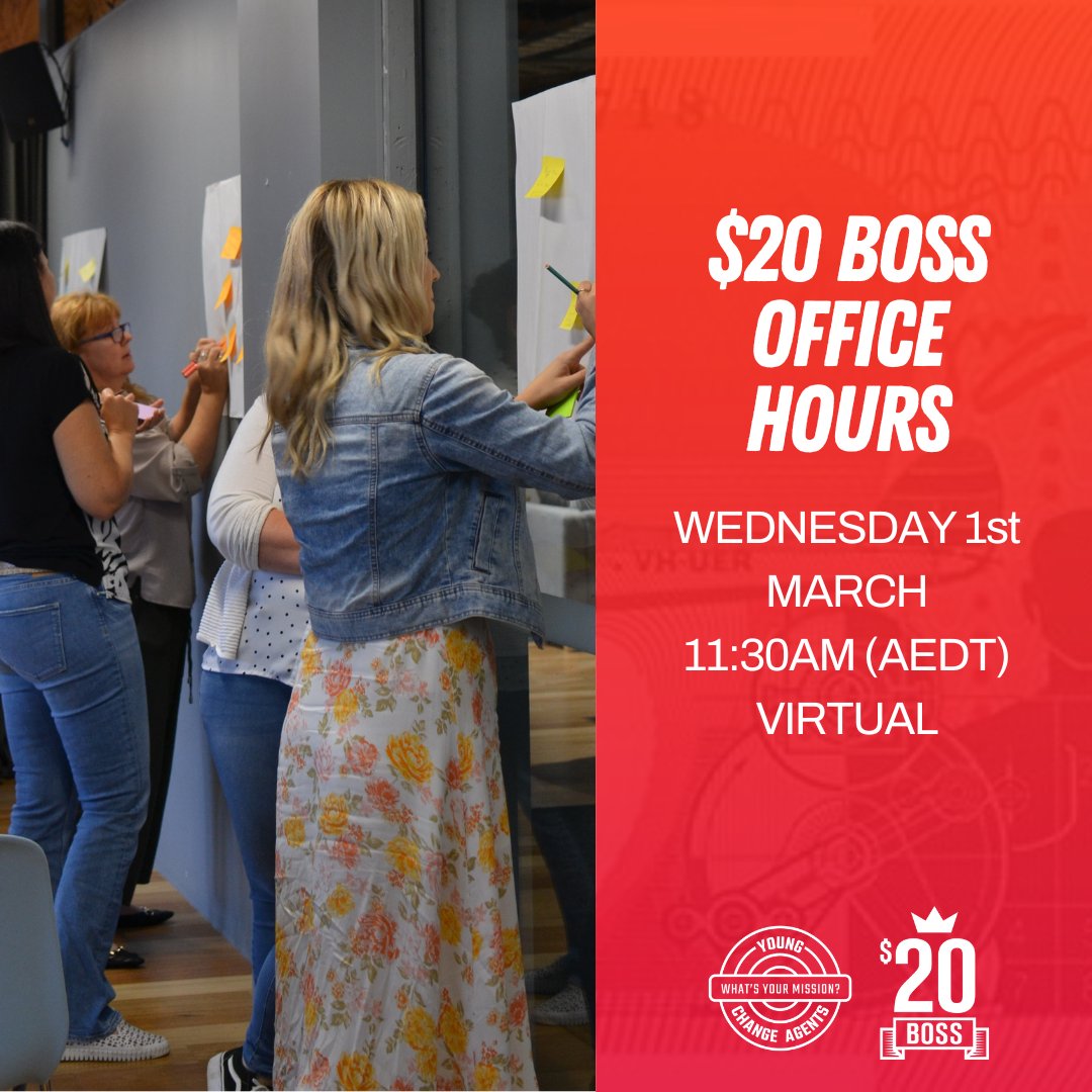ychangeagents's tweet photo. Join our first ever $20 Boss Office Hours this Wednesday, March 1st from 11:30am - 1:30pm AEDT. You'll get a 30-minute session with a Young Change Agents team member who can answer any questions you have about implementing $20 Boss in your school #20boss #youthentrepreneurship https://t.co/Tqy5RU0hEd