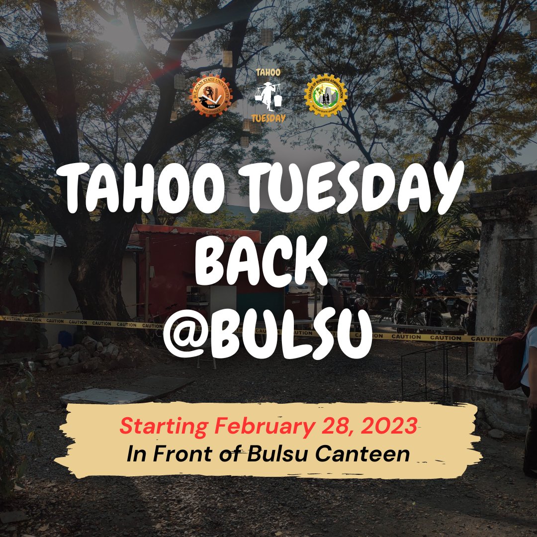 Tahoo_Tuesday's tweet photo. !!! COMEBACK IS REAL !!!
HANDA KA NA BA, BULSU? 'CAUSE TAHOO TUESDAY IS BACK @BULSU!
See you guys, tomorrow, February 28, 2023, for the soft opening of our very first OFFICIAL LOCATION Inside Bulacan State University!
#tahootuesday
#MorethanTaho #Softopening #GloryToGod https://t.co/2jBlMzXDcQ