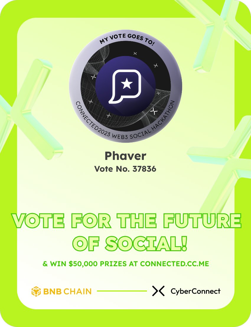burab16's tweet photo. Just voted for my favorite project Phaver in #Connected2023, a Web3 Social hackathon by @CyberConnectHQ the social graph protocol &amp; @BNBCHAIN
Join me to vote for a better social and win $50,000-$100,000 prizes!
https://t.co/OK5Kb22Dni
sig:9A8Hd7 
  https://t.co/1hvo7Bsdts https://t.co/R675s8Tb5H
