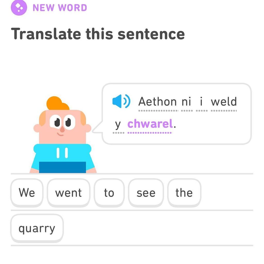RebeccaBredin's tweet photo. This is the most #Welsh sentence I’ve been given during a @duolingo lesson. I’m still waiting for sheep to show up in the lessons. I was surprised to learn buwch (cow🐄) before defaid (sheep 🐑) but it’s just a matter of time. 

…Iawn, dw i’n mynd yn g… https://t.co/ytPC4bkezr https://t.co/jD1XoKZlvB
