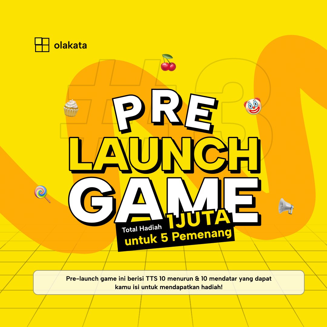 OlakataGame's tweet photo. Dapatkan total hadiah 1 JT Rupiah untuk 5 pemenang dengan ikutan Pre-launch Game 3 Olakata🥳
#Olakata #OlakataGame #TekaChallenge #TTSBerhadiah #KuisBerhadiah #Kuis #TekaTeki #TekaTekiSilang #ChallengeIndonesia #GiveawayIndo #GiveawayIndonesia #GiveawayIndonesiaUpdate #InfoKuis https://t.co/N5XVv2K56H