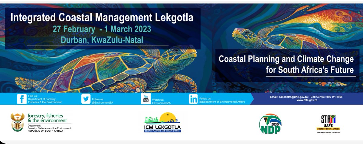 Today the DFFE will lead the #ICMLekgotla in #Durban, ending 1 March 2023. Engagements on emerging planning &amp; research tools, estuary management, coastal access, coastal spatial planning,  &amp; the impact of #climatechange &amp; sea level rise will be discussed.