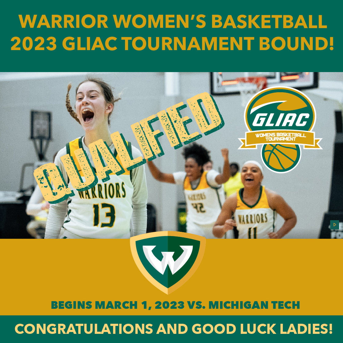 Let’s go!! Post Season starts tomorrow! Warriors will play Mich Tech as the 7th seed Wednesday at 5:30 in the first round of the GLIAC Tournament!💚💛