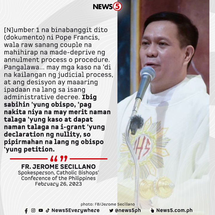 Idiniin ni CBCP spokesperson Fr. Jerome Secillano na tutol sila sa pagsasabatas ng divorce, ngunit ipinaliwanag niyang may mga repormang ipatutupad ang Simabahang Katoliko para maging mas mabilis at 'di magastos ang church annulment.