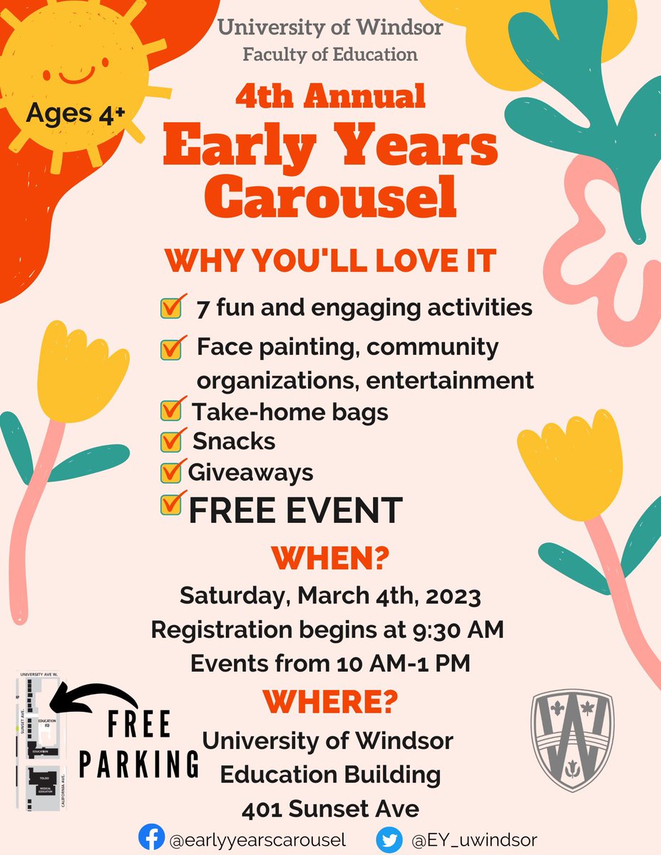 Attention Windsor!!🚨This Saturday, March 4th the University of Windsor is hosting the 4th annual Early Years Carousel! FREE activities, snacks and entertainment for children🎠 See you there!🥳