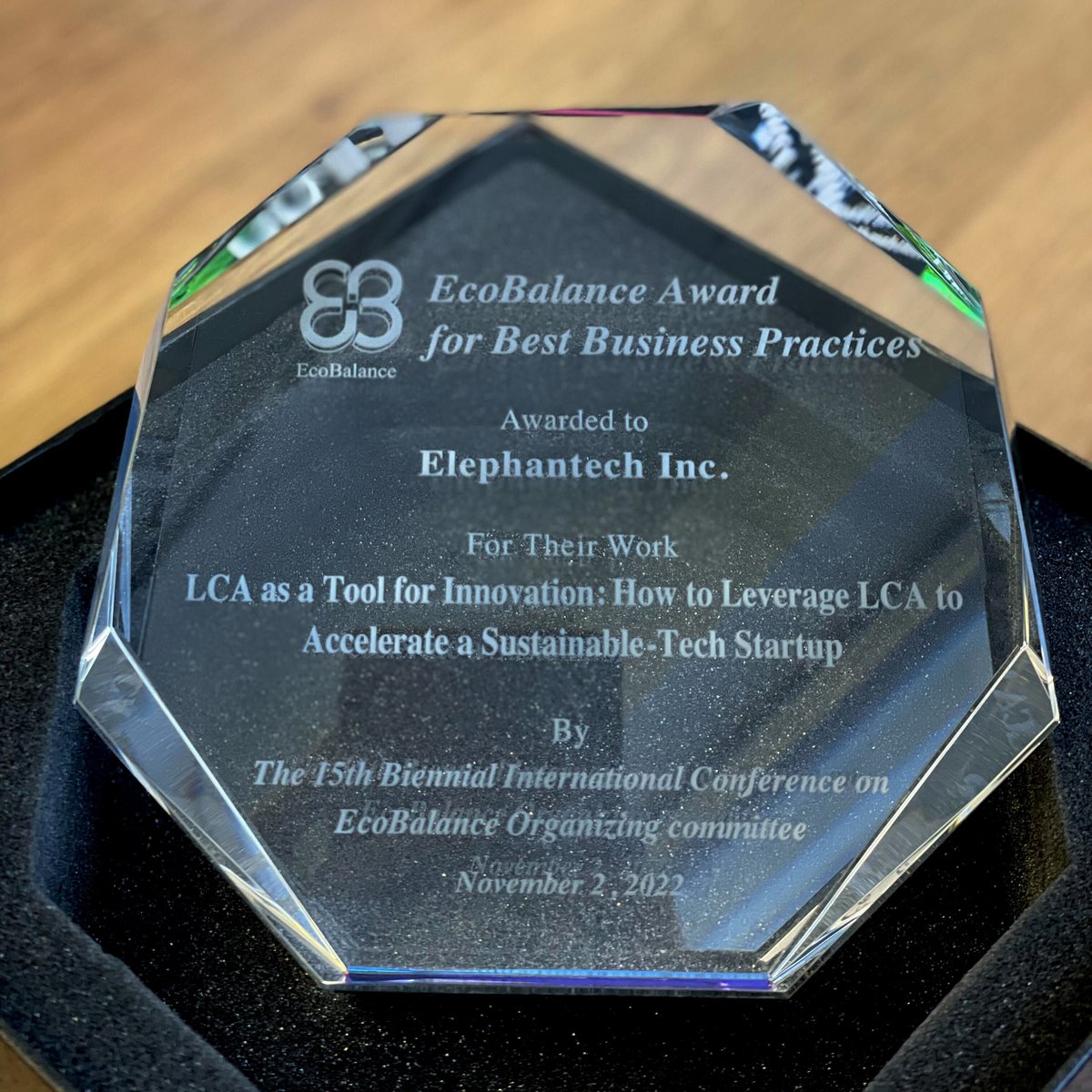 elephantech_Inc's tweet image. At the 15th Biennial International Conference on EcoBalance, Elephantech was presented with a crystal plaque as an additional prize for winning the EcoBalance Award for Best Business Practices.

elephantech.co.jp/press/en/press…

#EcoBalance #LCA #elephantech
