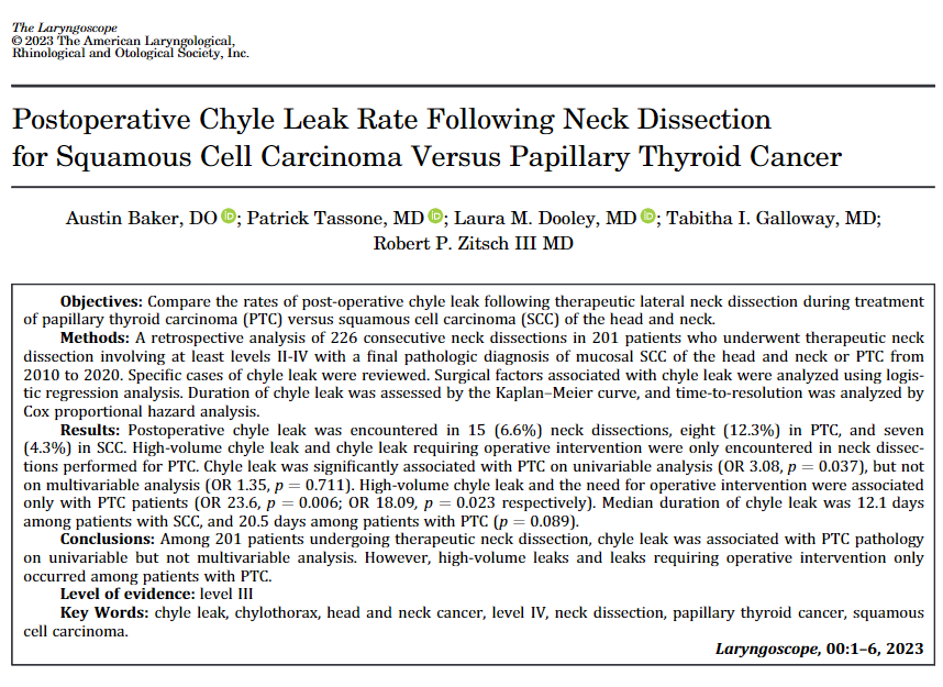 DrCWDavidChang's tweet image. #Chyle leaks are seen more frequently with level II-IV neck dissections in PTC than SCC. "Diffuse nature of  nodal metastasis in PTC" may impact. Thanks to lead author, Dr. Austin Baker and @MizzouENT surgeons.

pubmed.ncbi.nlm.nih.gov/36825523/ 
#thyroid #cancer #ENTwitter @TassoneHNS