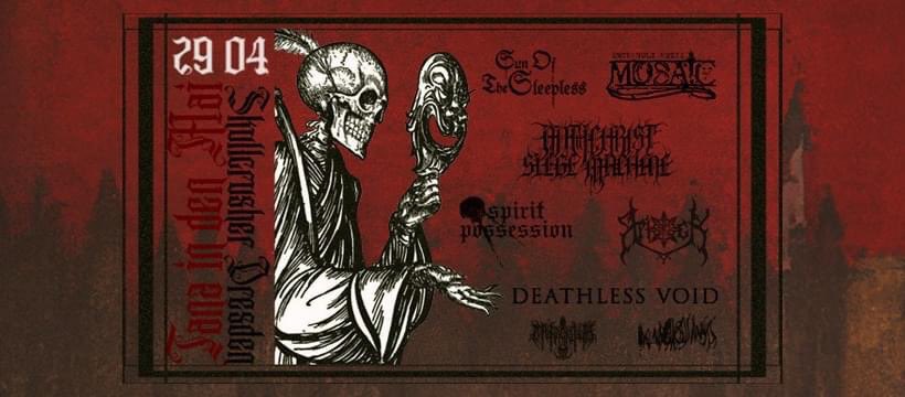 KatharsisAgency's tweet photo. Sa, 29.04.2023 #SkullcrusherDresden
#SunOfTheSleepless (Black Metal)
#Mosaic (Folk Metal)
#AntichristSiegeMachine (Black Metal)
#SpiritPossession (Black Metal)
#DeathlessVoid (Black Metal)
#ManyBlessings (Folk Metal)
#Arioch (Black Metal)
#Marraskuulta (Black Metal) https://t.co/IAcJfe4a75
