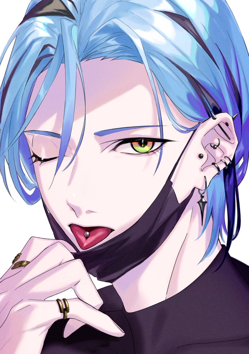 1boy tongue mask pull male focus jewelry piercing blue hair  illustration images