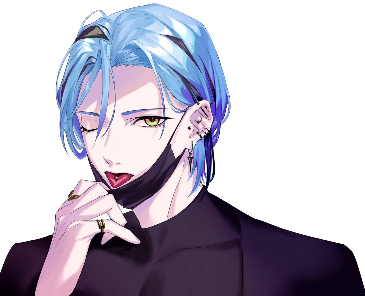 1boy tongue mask pull male focus jewelry piercing blue hair  illustration images
