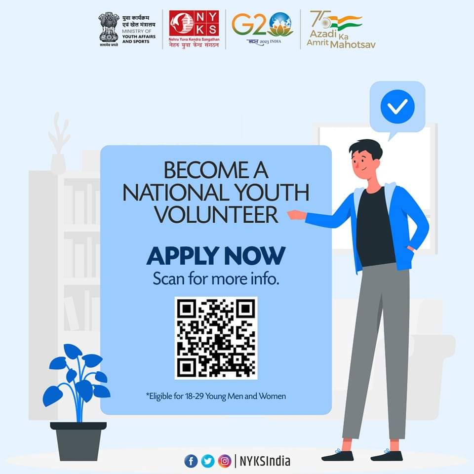 Become a National Youth Volunteer and change the destiny of the Nation.

Eligible for 18-29 Young Men and Women. 

For more information connect with your nearest NYK district offices. 
or Scan the QR code.

#NYV #youthvolunteer #NyksIndia #youth #India #RegistrationOpen