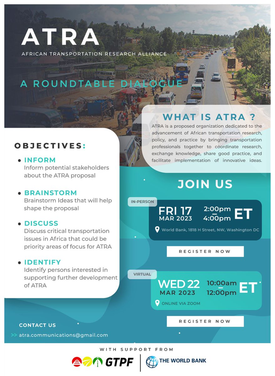 GHTranspoForum's tweet photo. We invite you to the first public event of the African Transportation Research Alliance (ATRA) - a Roundtable Dialogue on the sidelines of the World Bank's Transforming Transportation Conference. https://t.co/M36TV1OWqJ