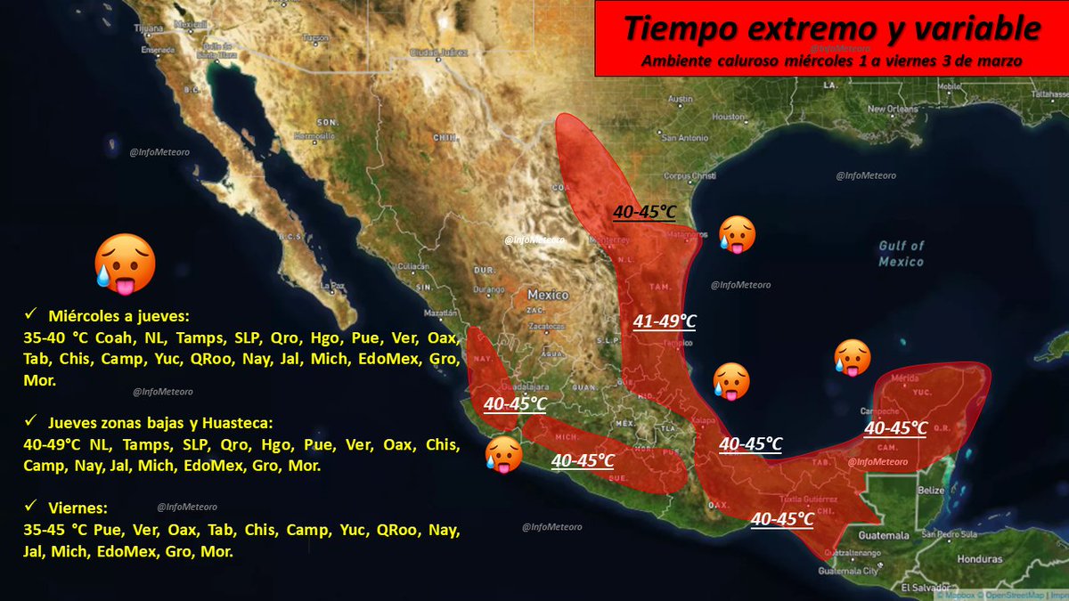 InfoMeteoro's tweet photo. ⚠️IMPORTANTE: del 1 al 3/marzo se prevén 2 efectos extremos meteorológicos: calor y viento.

🥵El calor de 40-49°C se prevé en estados del noreste, oriente, sureste y occidente, mientras la máxima intensidad del viento de 100-155 km/h sobre el norte y oriente🌬️

DETALLES👇🏽 https://t.co/BeHlClc4Om