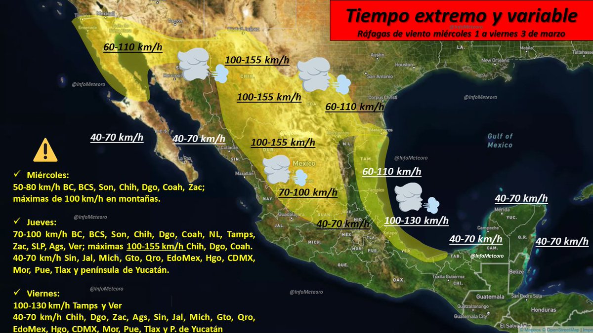 InfoMeteoro's tweet photo. ⚠️IMPORTANTE: del 1 al 3/marzo se prevén 2 efectos extremos meteorológicos: calor y viento.

🥵El calor de 40-49°C se prevé en estados del noreste, oriente, sureste y occidente, mientras la máxima intensidad del viento de 100-155 km/h sobre el norte y oriente🌬️

DETALLES👇🏽 https://t.co/BeHlClc4Om
