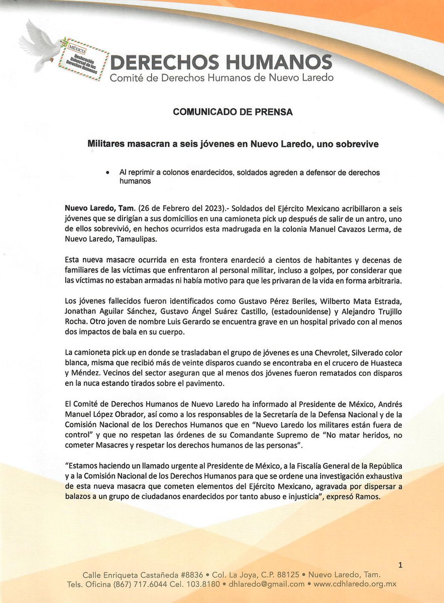 AlfredoLecona's tweet image. 6 JÓVENES MASACRADOS ANOCHE POR EL EJÉRCITO ASESINO, IMPUNE Y EN DESCONTROLADO ASCENSO.

¿Qué democracia se defiende si no se mueven millones por esto? ¿Qué maldita democracia es esta donde a esta institución ASESINA se le está entregando el país? @lopezobrador_ #SEDENAASESINA