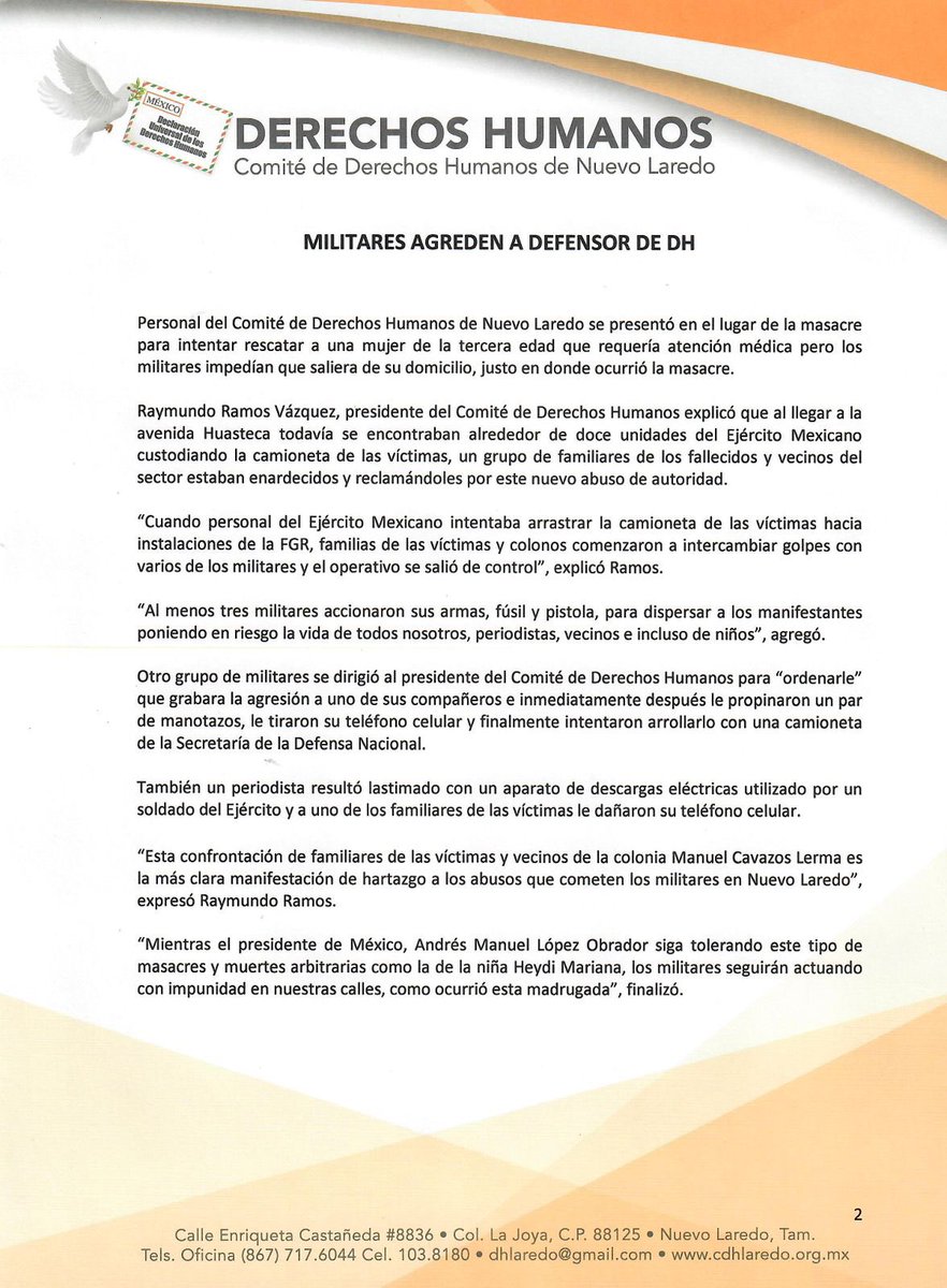 AlfredoLecona's tweet image. 6 JÓVENES MASACRADOS ANOCHE POR EL EJÉRCITO ASESINO, IMPUNE Y EN DESCONTROLADO ASCENSO.

¿Qué democracia se defiende si no se mueven millones por esto? ¿Qué maldita democracia es esta donde a esta institución ASESINA se le está entregando el país? @lopezobrador_ #SEDENAASESINA