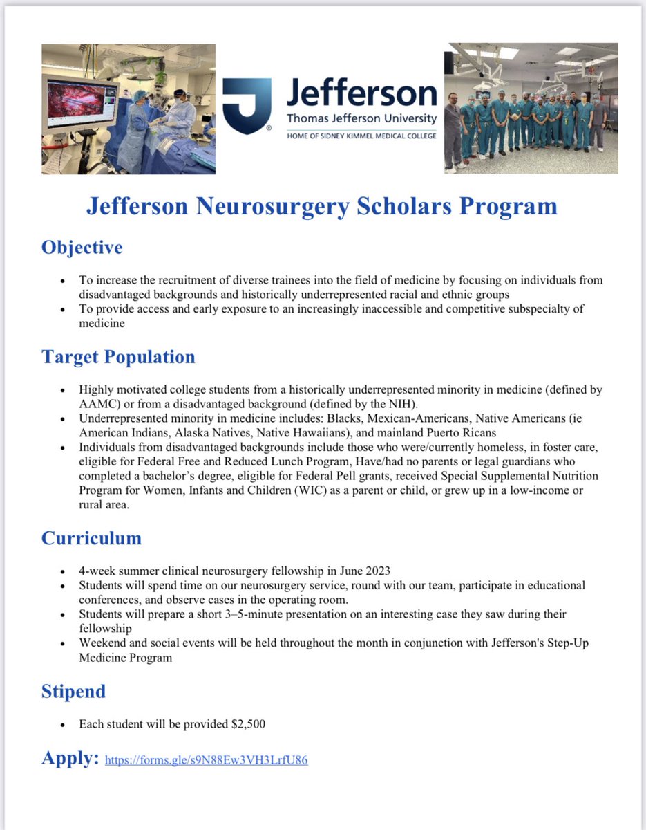 We are very excited to announce the creation of a new summer clinical fellowship for college students from disadvantaged backgrounds!!

-Offered June 2023
-Application closes April 26

Please help us spread the word! 

#neurosurgery 
<a href="/CNS_Update/">CNS</a> <a href="/AANSNeuro/">AANS</a>