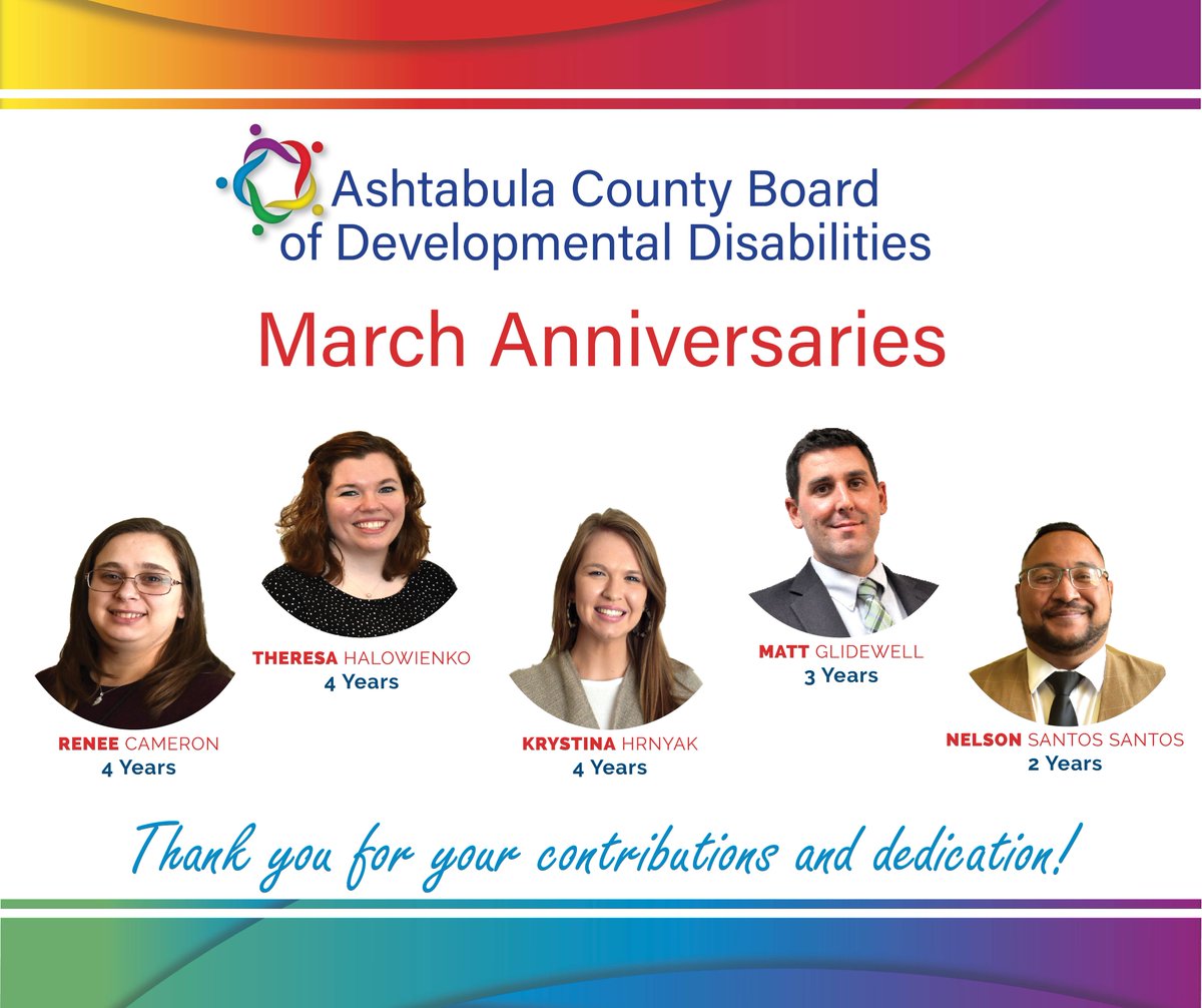 This month we celebrate the work anniversaries of five of our team members! We appreciate their service and commitment to Ashtabula County. #WeAreACBDD