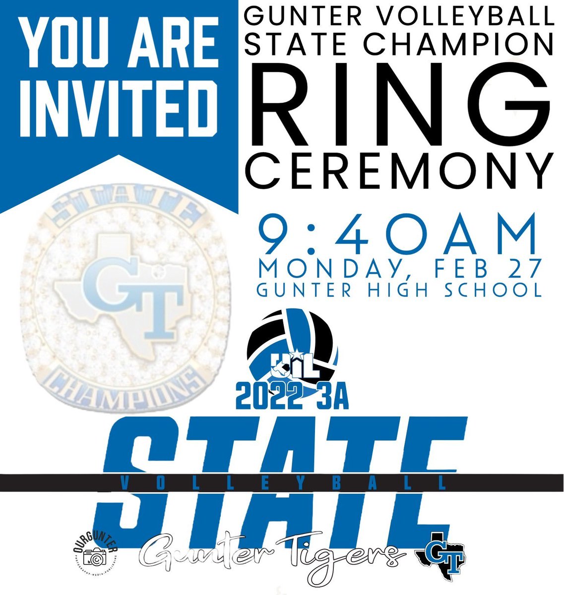 @OurGunter (@ourgunter) on Twitter photo Come out and celebrate the <a href="/GunterTigerVB/">Gunter Volleyball</a> ladies as they receive their STATE CHAMP RINGS tomorrow at 9:40am. <a href="/ourgunter/">@OurGunter</a> @CBonfiglioTV <a href="/DavisBakerTV/">Davis Baker</a> <a href="/DavidReed1982/">David Reed</a> <a href="/JasonDellaRosa/">Jason Della Rosa</a> Come out and celebrate the <a href="/GunterTigerVB/">Gunter Volleyball</a> ladies as they receive their STATE CHAMP RINGS tomorrow at 9:40am. <a href="/ourgunter/">@OurGunter</a> @CBonfiglioTV <a href="/DavisBakerTV/">Davis Baker</a> <a href="/DavidReed1982/">David Reed</a> <a href="/JasonDellaRosa/">Jason Della Rosa</a>