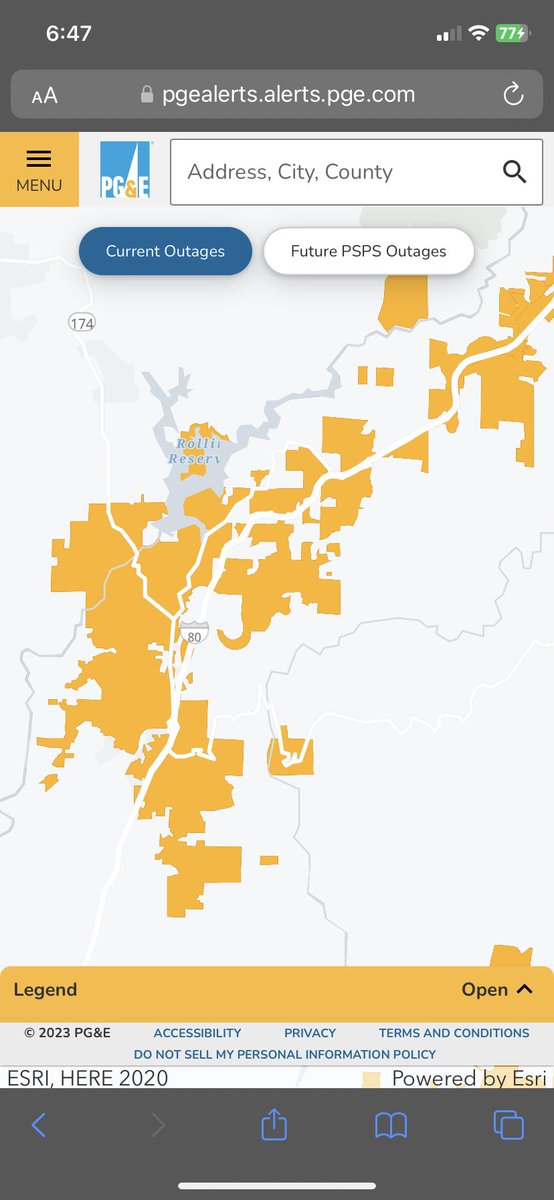 ssulli04's tweet photo. Power is out in Colfax. 2,657 in the Colfax area without power due to “weather,” according to PG&amp;E’s outage map. Another 893 without in the Alta area. And 2,703 out in the Foresthill area #winterstorm #hellodarknessmyoldfriend https://t.co/QKqY4cUtBR
