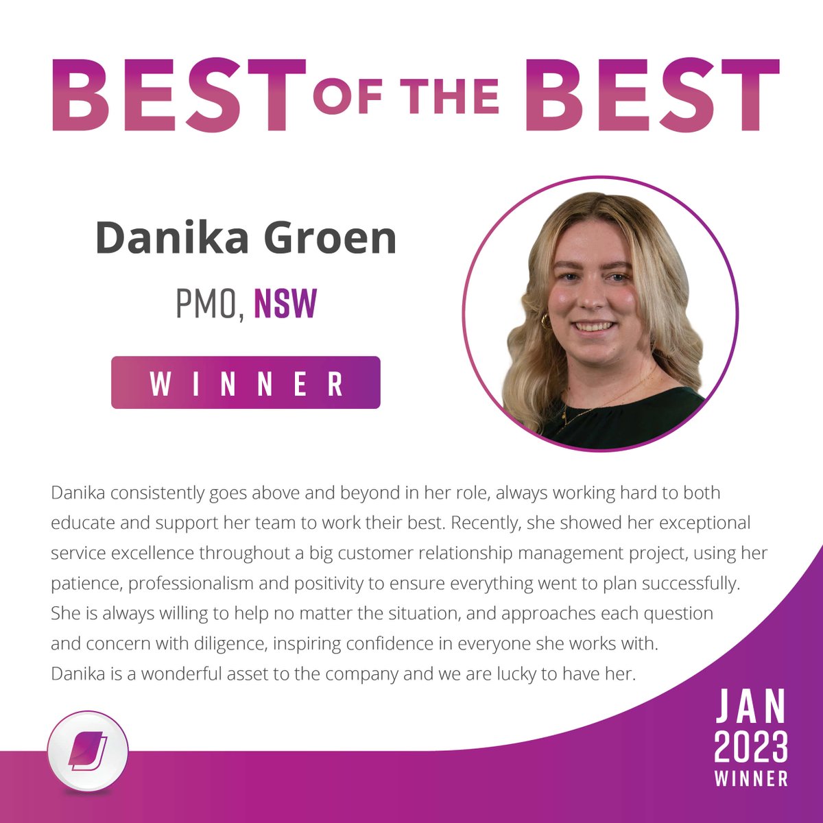 devicetech's tweet photo. Congratulations to our #BestoftheBest winner for January 2023, Senior Business Process Lead, Danika Groen. Always supportive, diligent, and customer-focused, we are lucky to have you as part of the #DeviceTechnologies team.
#DTdaily #Recognition #EmployeeOfTheMonth https://t.co/XWxIH89XhG
