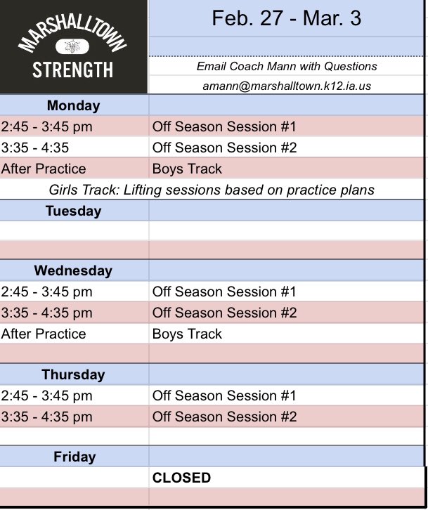 Weight room schedule for this week.
