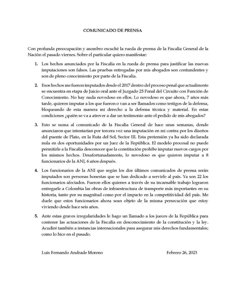 Esto es muy grave; la Fiscalía no hace otra cosa que obstruir el ejercicio del derecho a la defensa de <a href="/luisfandrade/">Luis Fernando Andrade</a>.  Objetividad y Lealtad son dos principios que guían la acción del ente acusador. Deben ser acatados. Hay que parar esto.

<a href="/FiscaliaCol/">Fiscalía Colombia</a>