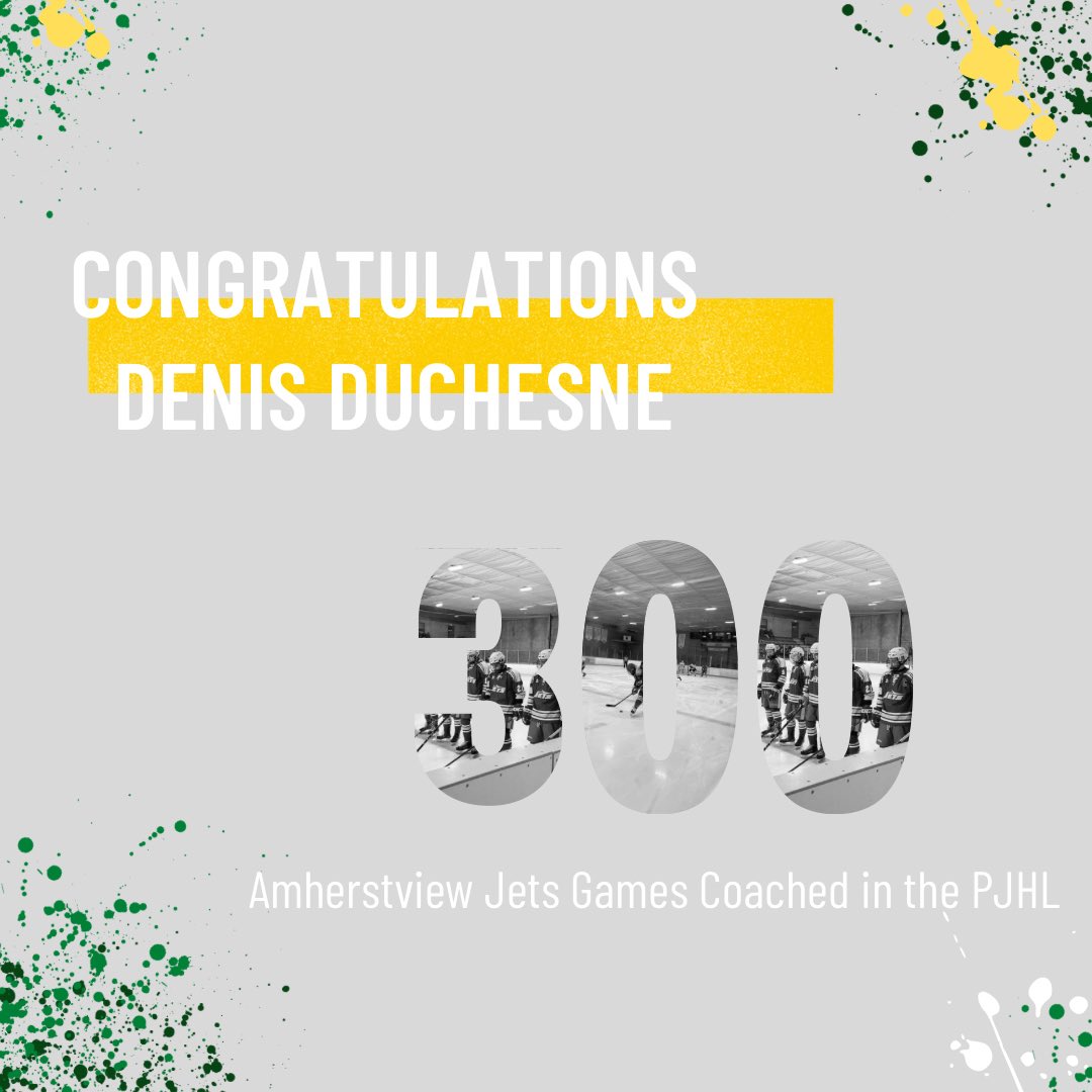 Please join us in congratulating head coach and general manager, Denis Duchesne on having coached 300 games in the PJHL for your Amherstview Jets! 

Thank you for everything you do for the players, executive and everyone involved with the organization. Congratulations Denis 🎉