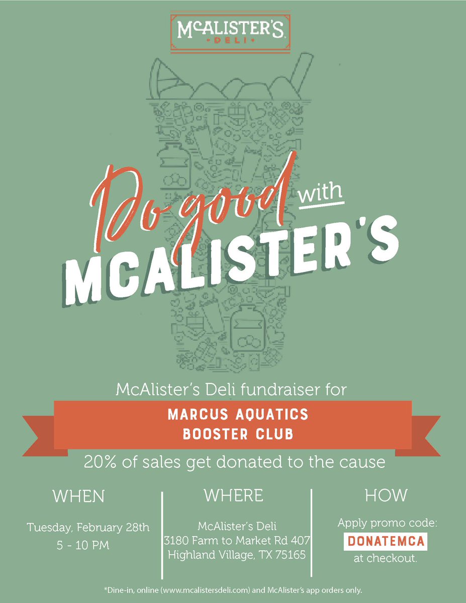marcusaquatics (@marcusaquatics1) on Twitter photo Join us Tuesday Night at McAlister's for Bite Night and 20% of Sales will go to Marcus Aquatics. <a href="/Marcus_HS/">Marcus High School</a> Join us Tuesday Night at McAlister's for Bite Night and 20% of Sales will go to Marcus Aquatics. <a href="/Marcus_HS/">Marcus High School</a>