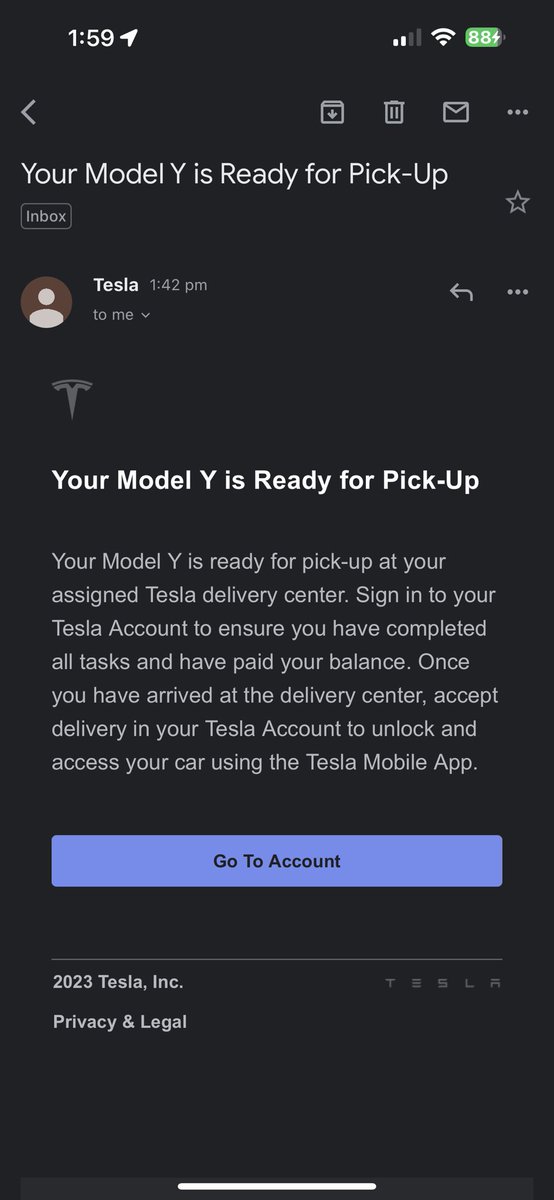 After Fridays blunder, it seems we are all good to go later this afternoon.
Fingers crossed for a smooth delivery as I jump into the world of electric. 
I haven’t test driven a Model Y yet so watch this space for my thoughts. 

#teslaaustralia #modelyperformance