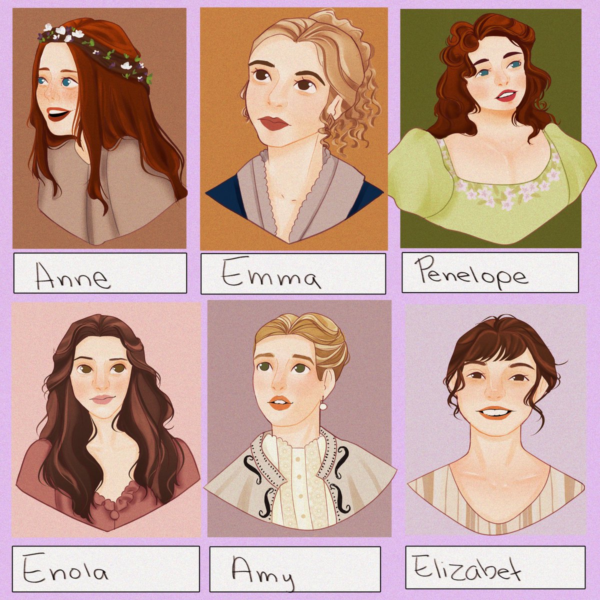 #fanart #sixfanarts #sixfanartschallenge  #aestheticart #pastelart #ａｅｓｔｈｅｔｉｃ #cuteart #artchallenge #penelopefe #annewhitane #enola #elizabethbennet #amymarch #emma