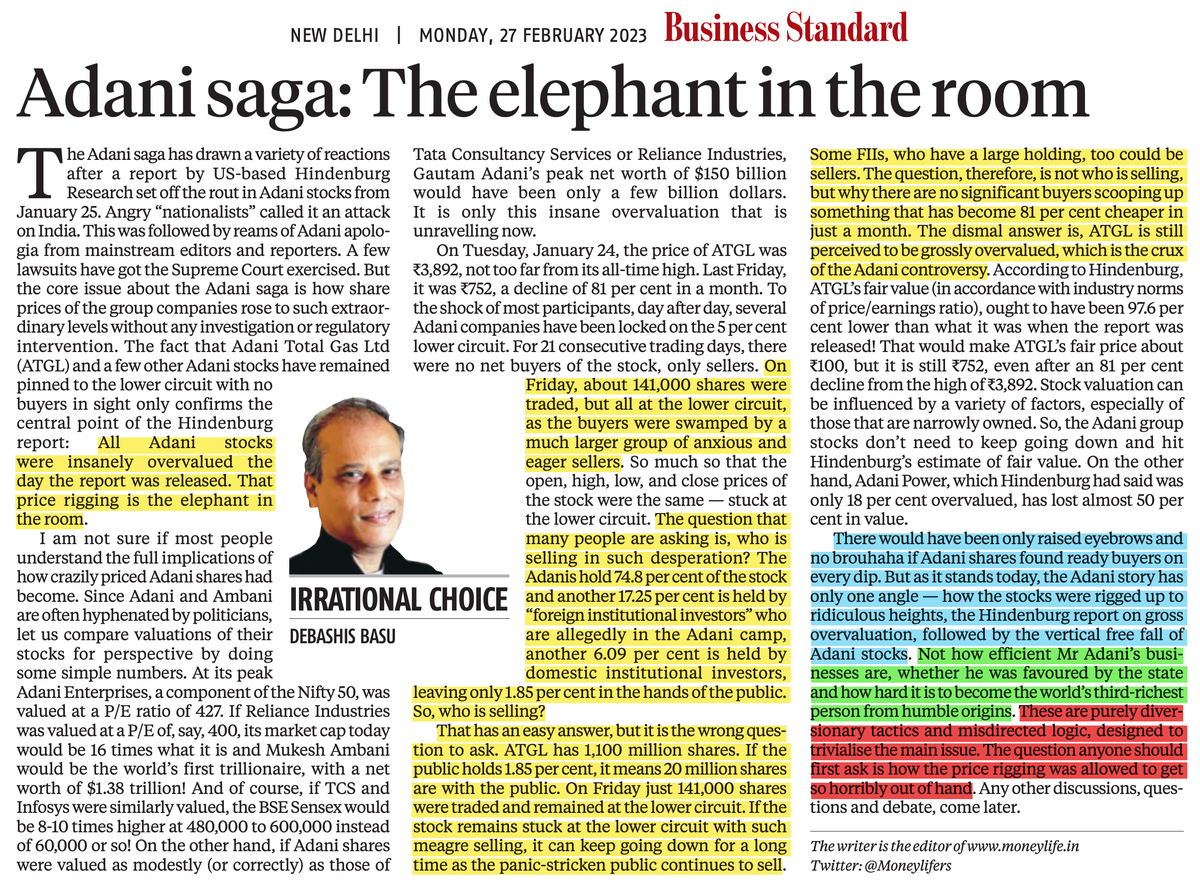"the Adani story has only one angle — how the stocks were rigged up to ridiculous heights. Not how efficient Mr Adani’s businesses are, whether he was favoured by the state. These are purely diversionary tactics and misdirected logic, designed to trivialise the main issue."