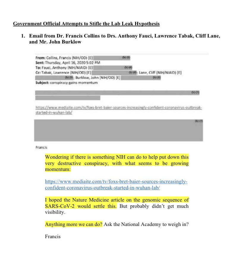 3) Despite the best efforts of Collins and Fauci to keep the lid on the lab origins of SARS-CoV-2, t