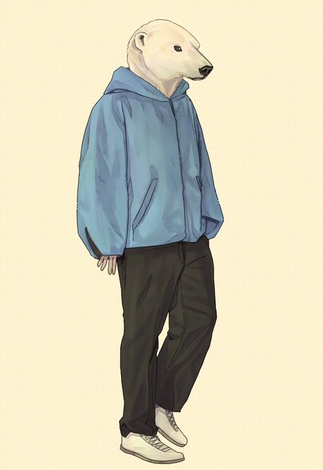 今日は #国際ホッキョクグマの日 とのことなので、ホッキョクグマ頭のお兄さん描きました #獣頭 #イラスト #InternationalPolarBearDay 