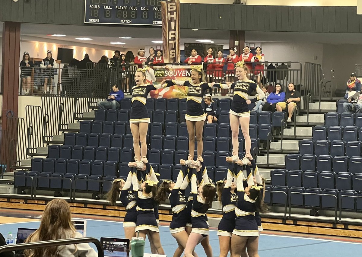 coloniahscheer's tweet photo. State Champs has a nice 💍 to it! What an incredible season it has been with these 12 ladies. Their positive energy and dedication truly showed as they hit a beautiful routine on that mat yesterday. This win was well deserved, we are beyond proud of you! 💙🏆@ColoniaHigh https://t.co/6MRCib9FL7