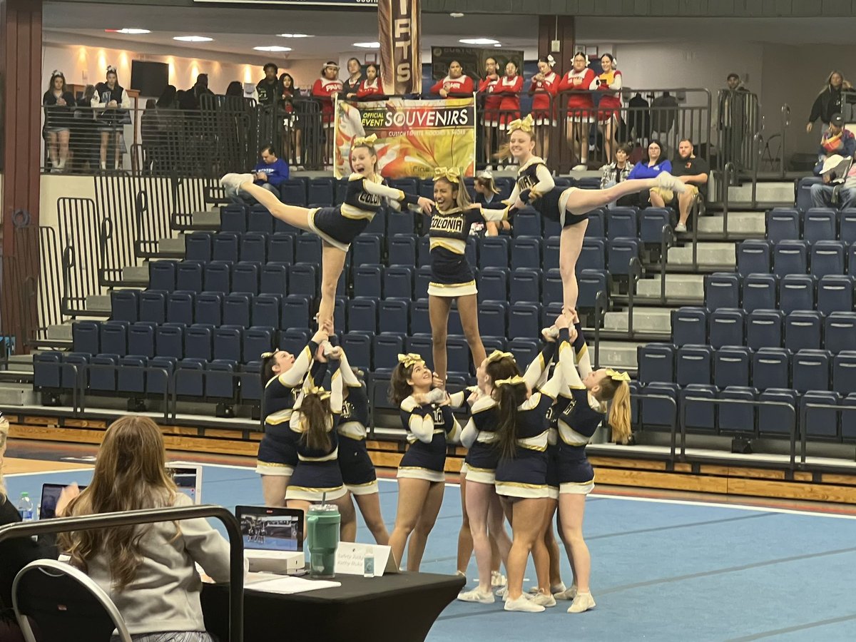coloniahscheer's tweet photo. State Champs has a nice 💍 to it! What an incredible season it has been with these 12 ladies. Their positive energy and dedication truly showed as they hit a beautiful routine on that mat yesterday. This win was well deserved, we are beyond proud of you! 💙🏆@ColoniaHigh https://t.co/6MRCib9FL7